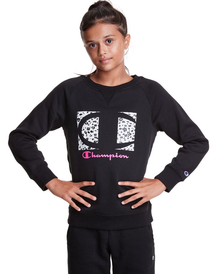 Champion Fleece Raglan Crew Leopard Knockout Logo Kiz Çocuk Kapşonlu Sweatshirt Siyah ( OIBWYF148 )